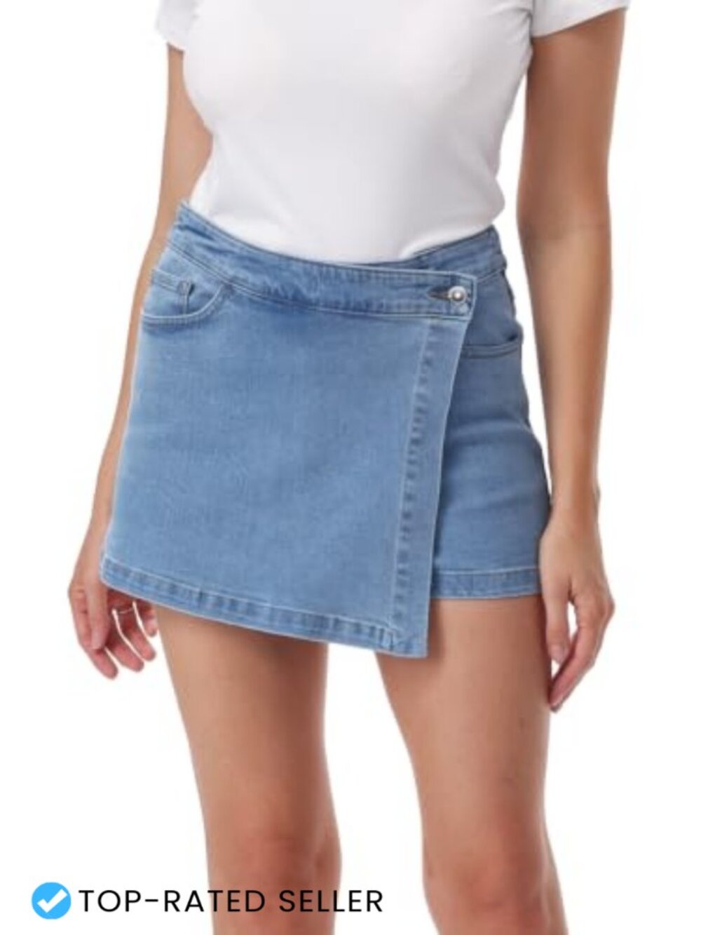 High Waisted Denim Skort with Built-in Shorts Wrap Front Pockets
